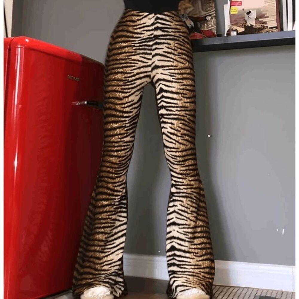 Tiger Print High Waisted Flare Stretch Pants Legging Soft Black Brown Size Small